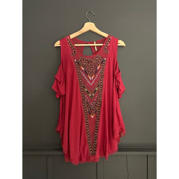 Free People Gypsy Love Spell Cold Shoulder Embroidered Embellished Top Size S - Picture 2 of 7